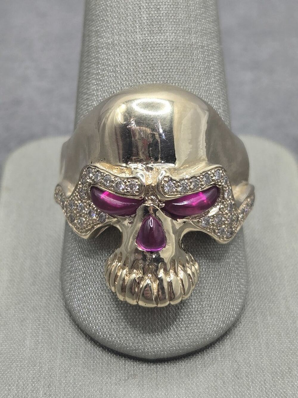 14K Yellow Gold Skull Ring w/ Lab Diamonds & Red Stones (19624)